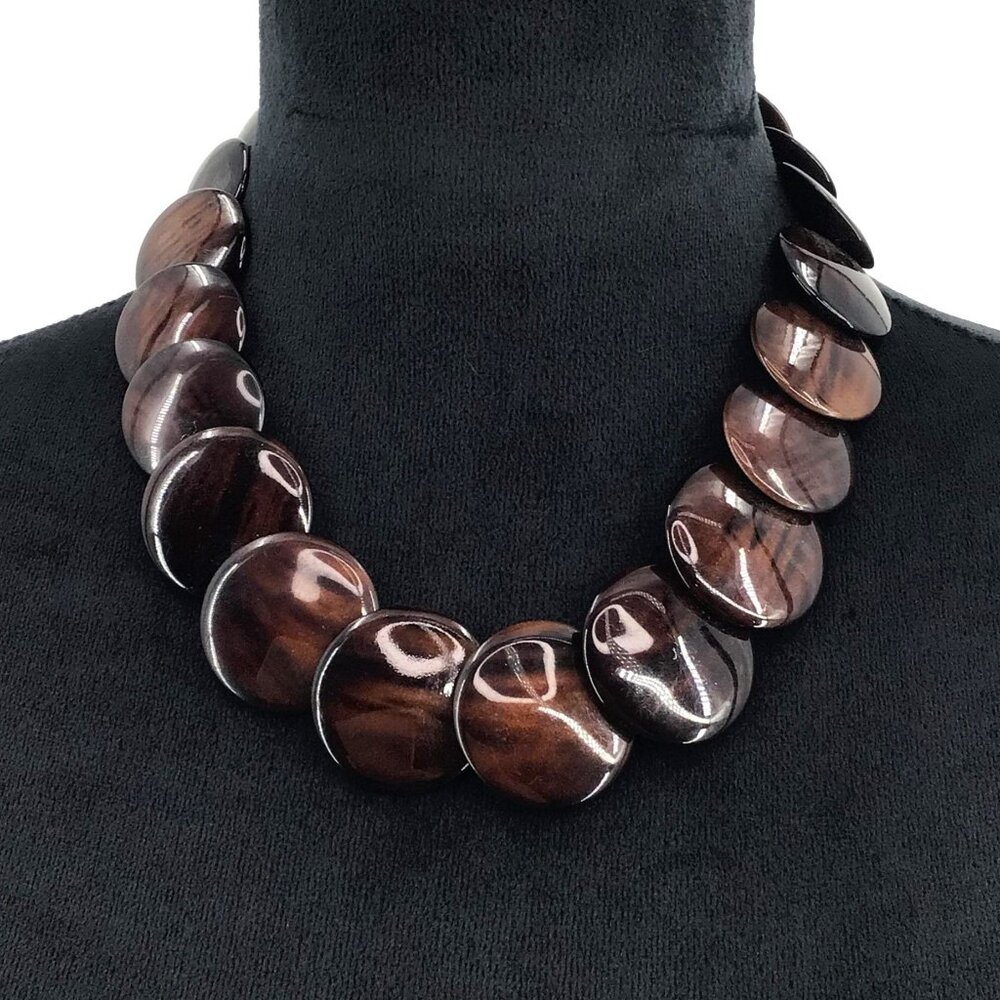 Beaded Necklace Simulated Wood Finish Round Disc Beads Adjustable Length Brown